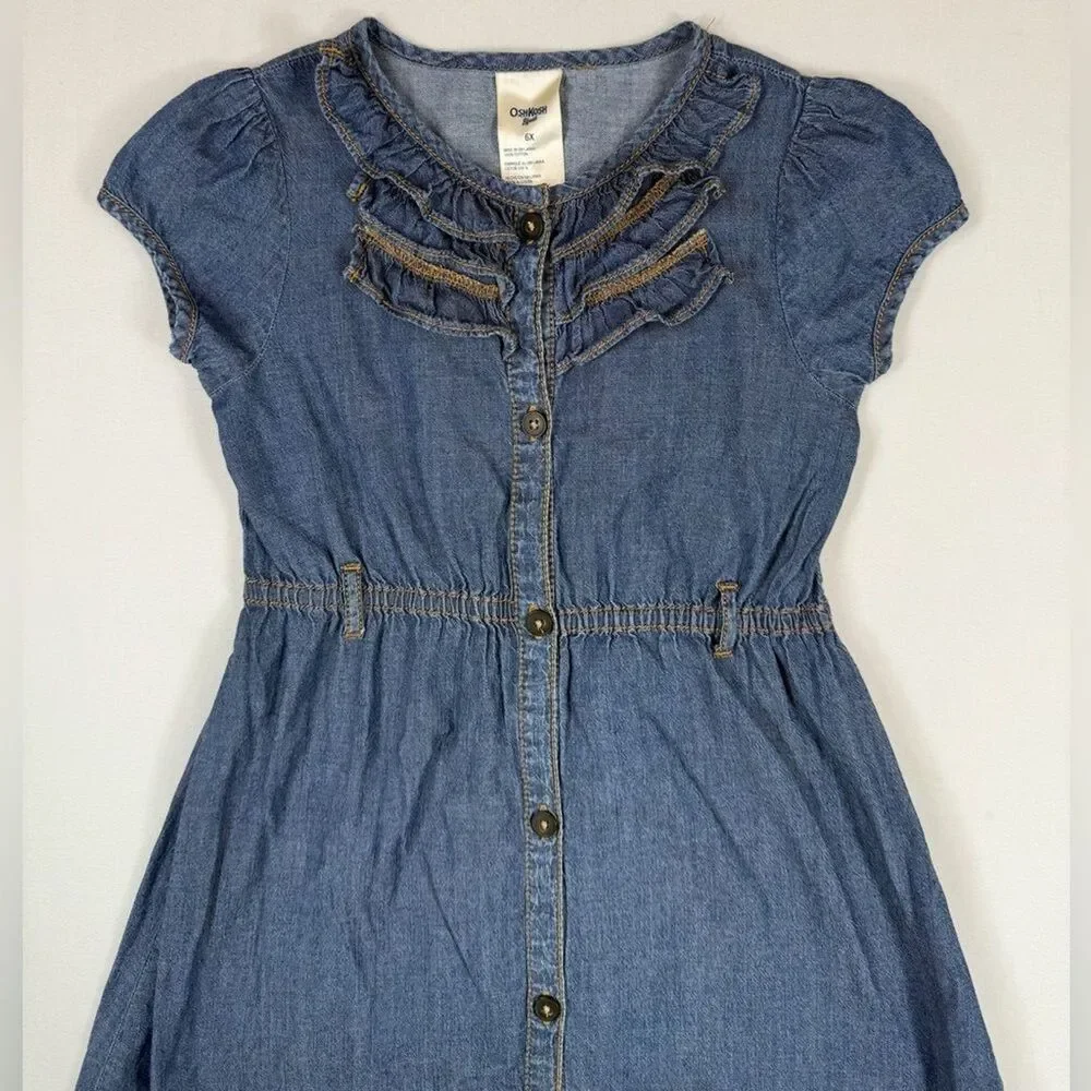 OSHKOSH B’GOSH Y2K Girls’ Chambray Denim A-Line Button Up Ruffle Collar Dress 6X